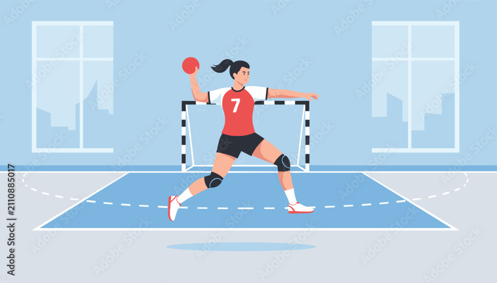 Obraz premium Female handball player wearing red jersey jumping in the air to shoot ball into a goal post on court indoor background.