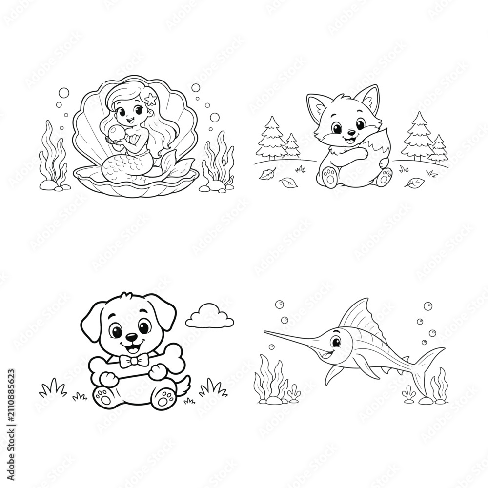 Obraz premium Magical Mermaid Woodland Fox Puppy and Swordfish Coloring Pages for Children's Activity Book