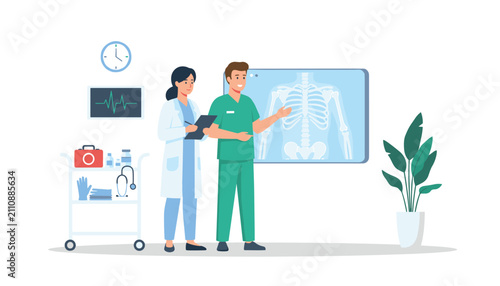 Professional medical team of radiologists analyzing chest bone structure and skeleton on a digital X-ray screen.