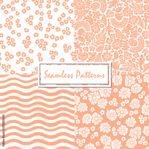 Summer seamless pattern collection. Bright floral pattern with simple abstract daisy shapes, tiny flowers, horizontal wavy stripes. Light spring background in pastel red and white colors