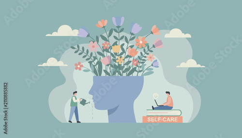 Mind self-care and mental health concept featuring a giant human head profile with flowers growing out of it.