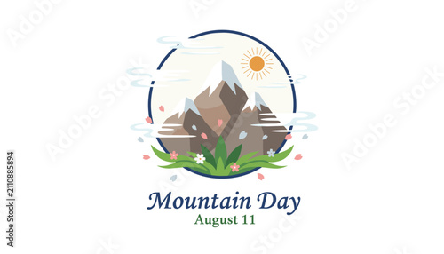 Scenic badge design for Mountain Day on August eleventh featuring snow covered peaks, sun, and cherry blossom.