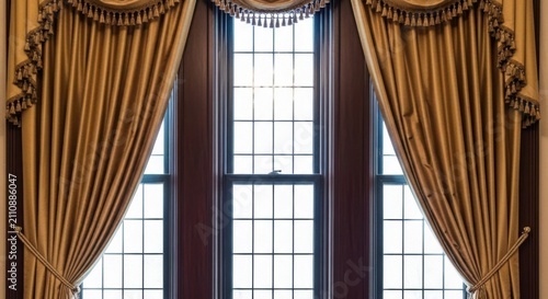 Elegant gold damask curtains frame a tall arched window with intricate mullions