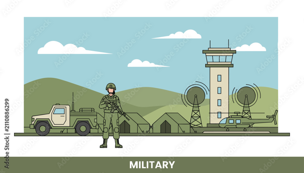 Fototapeta premium Military officer guarding army camp with heavy armored vehicle, tents, communication tower, and military helicopter at base.