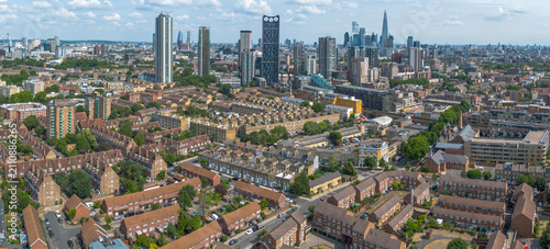 LONDON - Wide panoramic aerial of Elephant and Castle towards the Shard and City of London Skyline