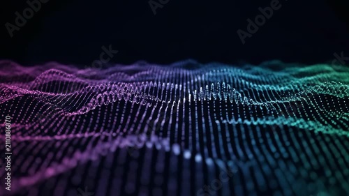 Abstract digital wave surface with glowing particles, colorful motion graphic animation, seamless loop background visualizing data flow and complex network connections in cyberspace