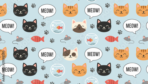 Seamless vector pattern featuring cute cartoon domestic cat faces, speech bubbles, gray mice, red fish, and tiny glass fishbowls.