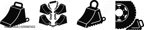 Wheel chock safety equipment silhouette vector icons for truck safety
