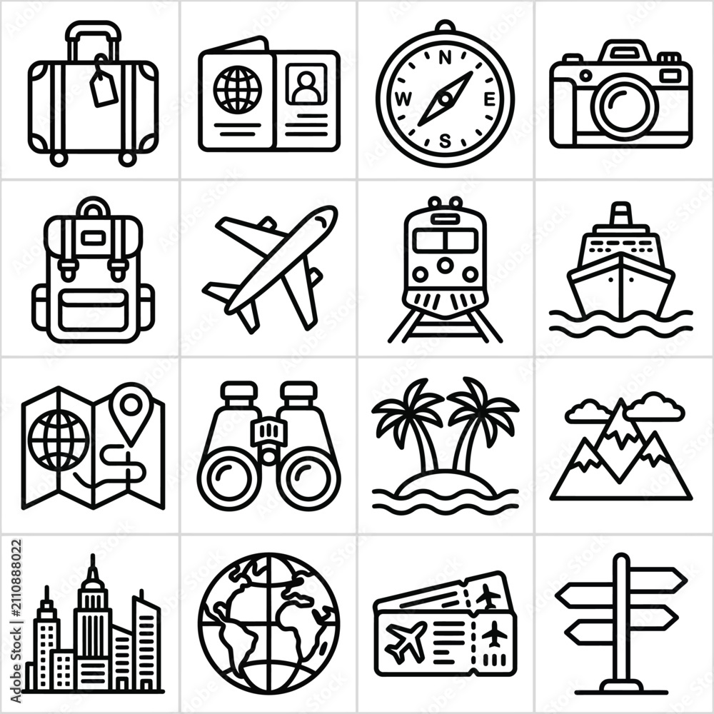 Fototapeta premium Travel vacation adventure line icons set collection vector illustration linear outline symbol graphic elements