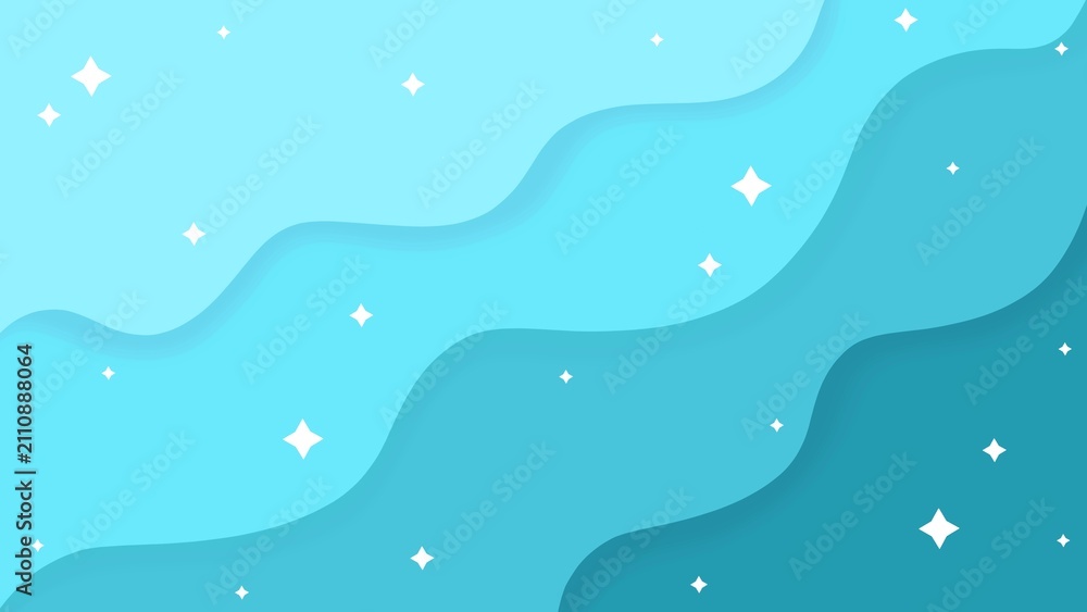 Fototapeta premium Cyan Turquoise Paper Cut Abstract Wavy Background. Layered Aquamarine Waves with White Sparkling Stars. Aesthetic Teal Wave Papercraft Vector Background