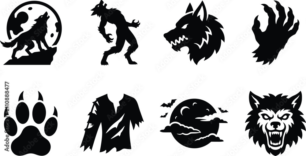 Fototapeta premium Halloween werewolf wolfman monster icon set. wolf howling at full moon, standing werewolf silhouette, snarl wolf head profile, monster claw hand, wolf paw print with sharp claws, torn tattered clothes