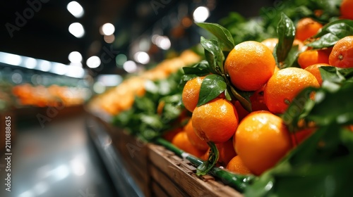 A beautiful array of fresh oranges adorned with green leaves is artistically displayed in a grocery store, showcasing the luscious, vibrant produce ready for purchase and enjoyment.
