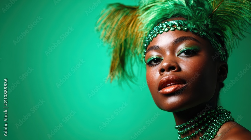Fototapeta premium A stunning model showcases her bold look adorned with vibrant green accessories and dramatic feathered headpiece, capturing attention with her striking beauty and confidence.