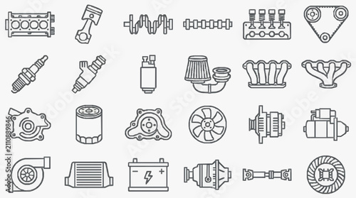 Foto Sleek Black and White Line Drawing Set of 30 Essential Engine and Car Parts Icon