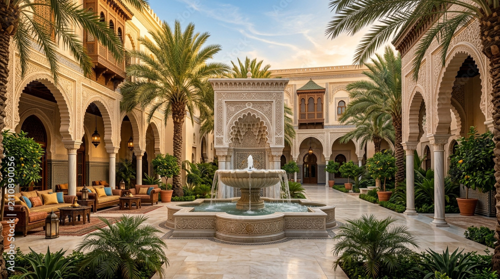 Naklejka premium Luxury Moroccan courtyard with fountain and palm trees at sunset, Riad architecture