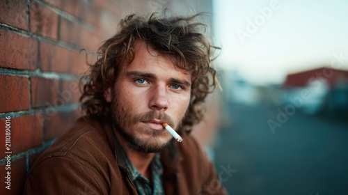 A gritty portrait of a young man with tousled hair, holding a cigarette and reflecting a rebellious spirit, set against an urban brick wall, conveying raw emotions.