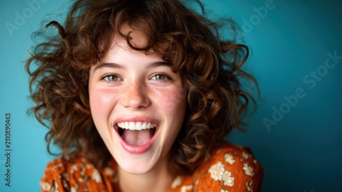 A joyful young girl with curly hair beaming with laughter against a bright blue background, capturing the essence of childhood happiness and carefree spirit with vibrant energy.