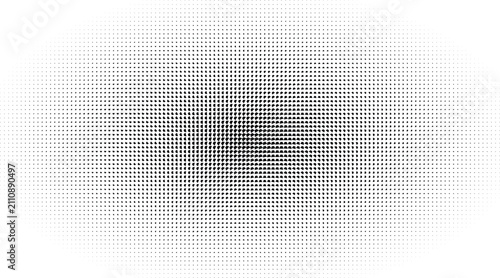 Elliptical halftone pattern with a central concentration of dense black dots fading towards the white edges of the oval shaped composition