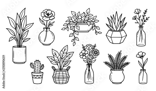 Minimalist botanical plant pot and flower vase outline icon collection