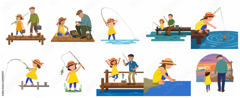 Fototapeta premium Set of flat vector illustrations depicting a little girl and her grandfather fishing together, bonding over outdoor activities on a pier and by the lake.