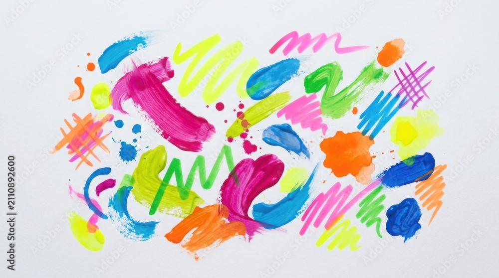 Obraz premium Abstract neon brush strokes on white background. Vibrant colorful marker scribbles and paint.