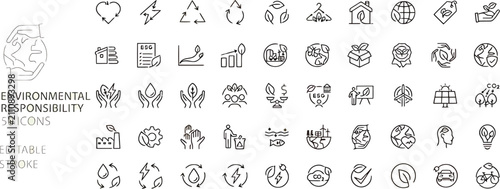Environmental responsibility and eco friendly line icons set - editable stroke vector illustration