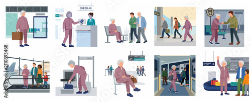 Canvastavla Collection of flat vector illustrations depicting an elderly woman's journey thr