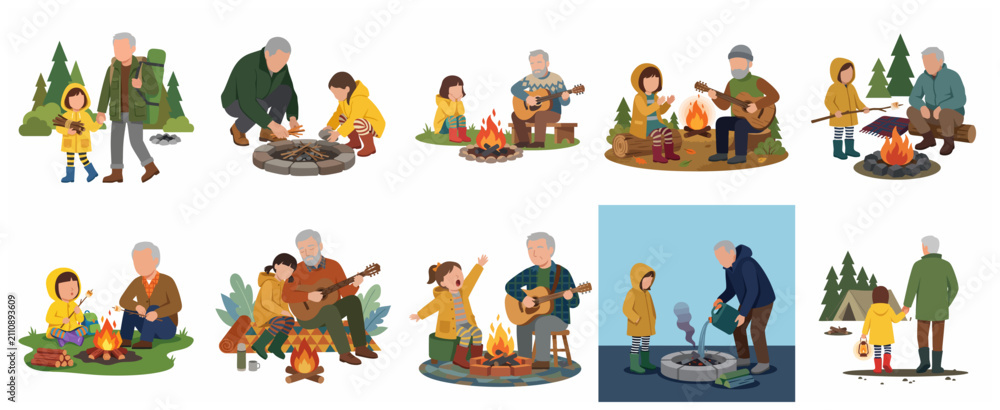 Fototapeta premium Collection of grandfather and granddaughter camping activities, hiking and roasting marshmallows by the campfire vector illustration set