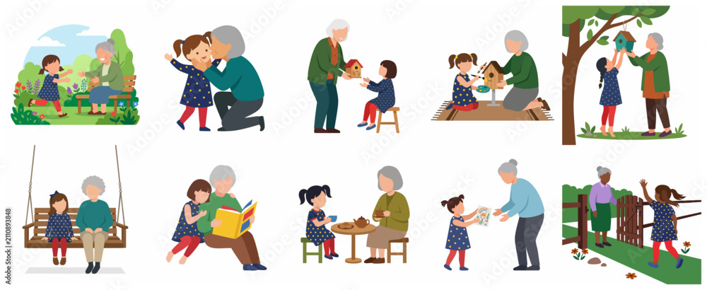 Naklejka premium Grandmother and Granddaughter Bonding Activities Set, Flat Vector Illustration of Senior Woman and Little Girl Quality Time