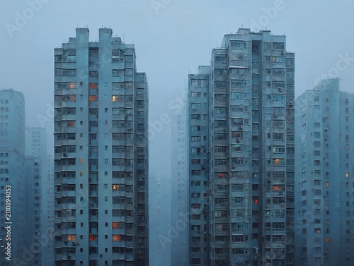 Urban landscape featuring tall asian high-rise apartment towers in gray and blue palette