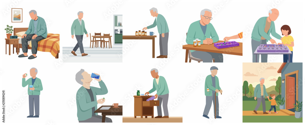 Fototapeta premium Senior Man Healthcare and Medication Management Routine Flat Illustration Set