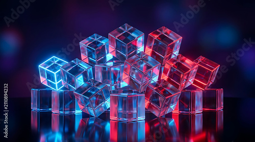Pile of transparent glass cubes with blue and red neon light
