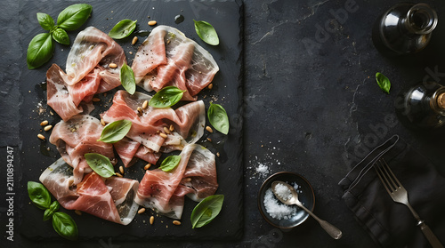 Overhead View of Thinly Sliced Prosciutto with Fresh Basil Leaves and Pine Nuts on Slate Board
