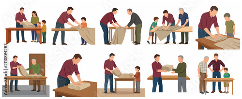 Картината върху платно Vector illustration set of men, seniors, and children folding blankets and texti