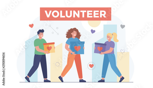 Generous volunteers walking and carrying donation boxes with heart shapes to help the community, symbolizing social charity.