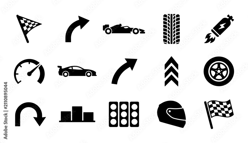 Fototapeta premium Racing icons set with 15 black vector symbols, professional motorsport competition elements, automotive speed and car race graphics