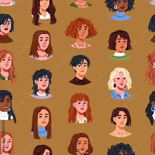 Women hairstyles, seamless pattern. Female heads, faces, modern hair style, e...