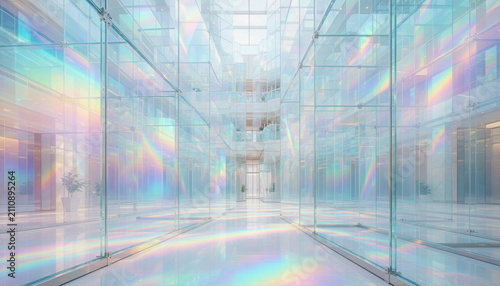 Prism light reflection in glass interior 虹色の光が鮮やかに乱反射する未来的な透明ガラス建築の背景イラスト
