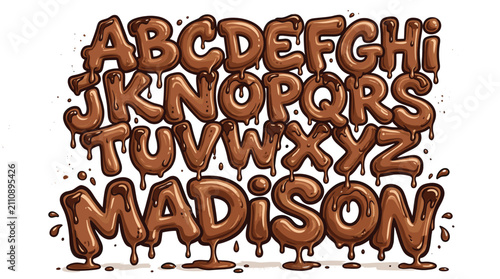 Chocolate melting alphabet vector set, delicious liquid cocoa font with dripping letters, sweet brown food typography for dessert branding