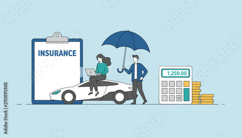 Car insurance and safety concept showing a man holding an umbrella over a woman on a car next to a calculator and clipboard.