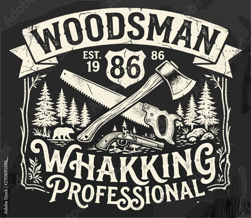 Tableau sur toile Vintage woodsman emblem with crossed axe and hand saw, rustic lumberjack badge w