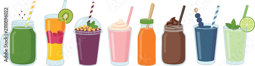 Colorful Smoothie and Juice Drink Collection with Glasses, Jars, Straws and Fresh Fruit Beverage Illustrations