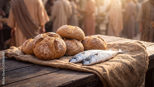 Five loaves of bread and two fish rest on a wooden table, symbolizing Jesus's miracle of multiplication