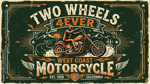 Foto Vintage motorcycle vector illustration, retro biker club emblem with Two Wheels