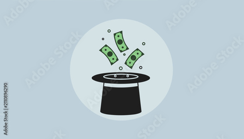 Financial magic trick showing dollar banknotes floating out of a black magician top hat against a light blue circular background.