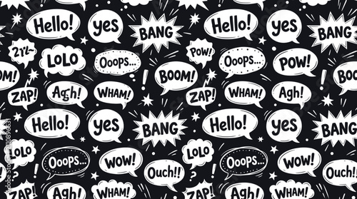 Foto Comic book speech bubble seamless pattern, pop art sound effects and hand drawn