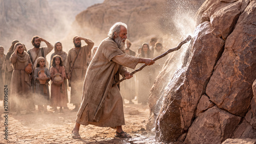 Moses strikes a rock with his staff as water miraculously flows, witnessed by a crowd in the desert