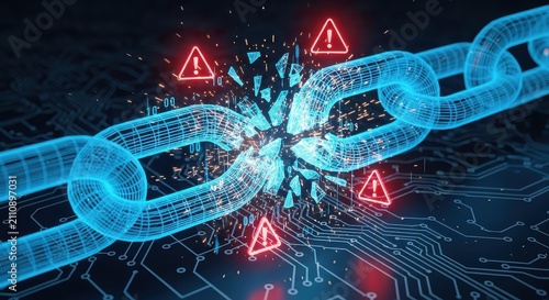 Cyber Security Breach Concept with Broken Digital Chain and Warning Icons on Circuit Board Background