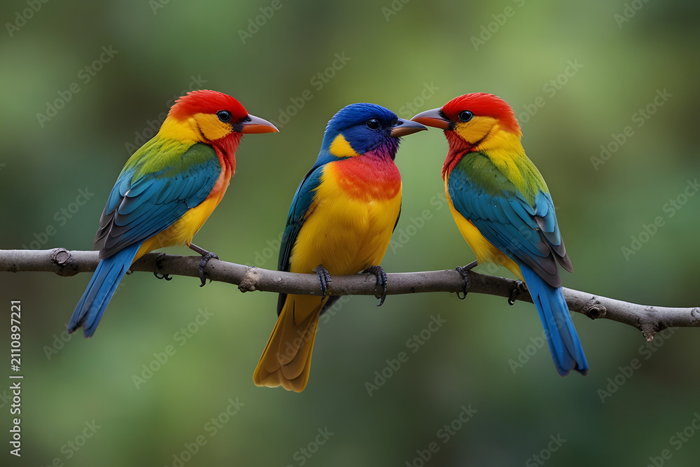 Obraz premium Colorful Birds Perched on a Natural Tree Branch, Vibrant Plumage and Detailed Feathers, Beautiful Wildlife Scene with Tropical Birds Resting Together, Bright Nature Background and Artistic Composition