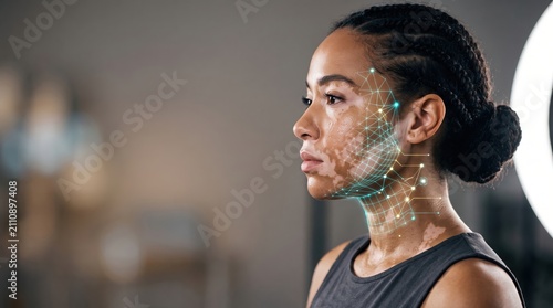 Woman with vitiligo and digital face scan overlay in a gym setting